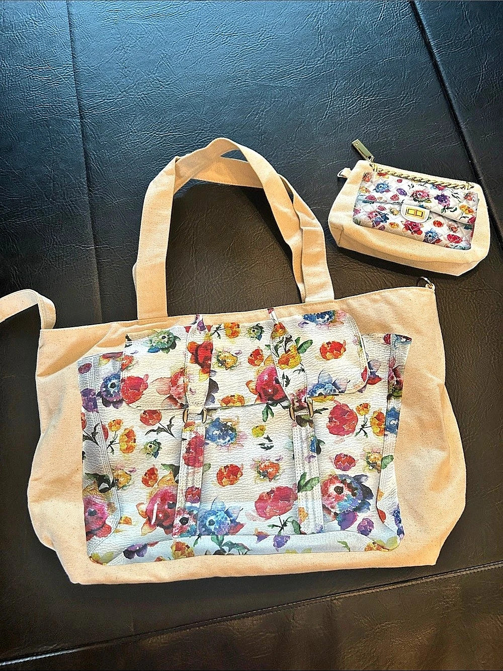 Thursday Friday Canvas Tote and Pouch Set, Beige & Blue
